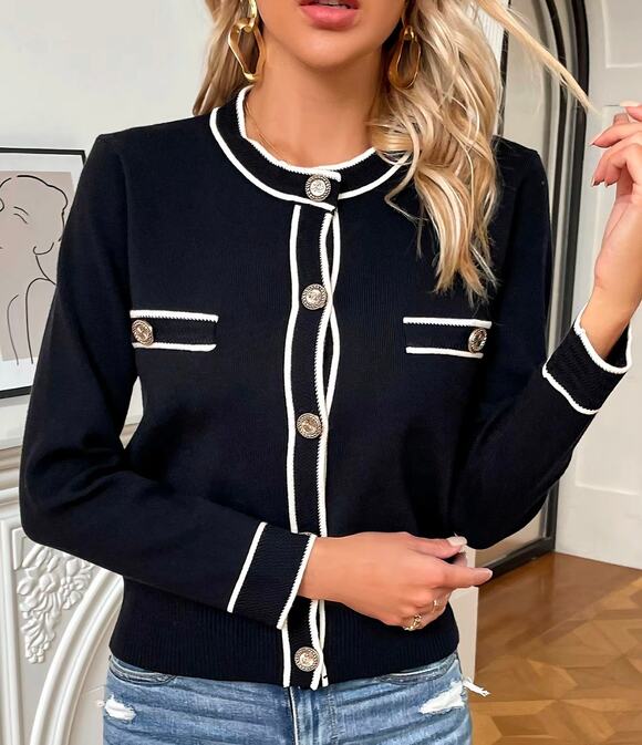 Knit Mix Sweaters - Knit Mix Frenchy Black Contrast Trim Cardigan Size XL Gold Button Sweater